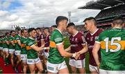 24 July 2022; David Clifford of Kerry and Shane Walsh of Galway shake hands before the GAA Football All-Ireland Senior Championship Final match between Kerry and Galway at Croke Park in Dublin. Photo by Ramsey Cardy/Sportsfile