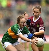24 July 2022; Caitlyn Mahon, Scoil Bhríde, Carrickmacross, Monaghan, representing Kerry in action against Lola Matthews, Killinkere N.S., Virginia, Cavan, representing Galway during the INTO Cumann na mBunscol GAA Respect Exhibition Go Games at GAA All-Ireland Senior Football Championship Final match between Kerry and Galway at Croke Park in Dublin. Photo by David Fitzgerald/Sportsfile