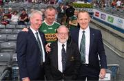 24 July 2022; Croke Park stadium announcer Jerry Grogan, Kerry supporter Mark O'Shea with Mike, left, and Liam Hassett before the GAA Football All-Ireland Senior Championship Final match between Kerry and Galway at Croke Park in Dublin. Photo by Stephen McCarthy/Sportsfile
