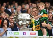 24 July 2022; Gavin Crowley of Kerry and his son Arlo lift the Sam Maguire Cup after the GAA Football All-Ireland Senior Championship Final match between Kerry and Galway at Croke Park in Dublin. Photo by Stephen McCarthy/Sportsfile