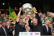 24 July 2022; Harry O'Neill, left, and masseur Liam O'Regan of Kerry lift the Sam Maguire Cup after the GAA Football All-Ireland Senior Championship Final match between Kerry and Galway at Croke Park in Dublin. Photo by Stephen McCarthy/Sportsfile