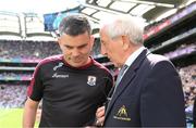 24 July 2022; Bernard Dunne of the Galway backroom team with Croke Park chief steward Mick Leddy before the GAA Football All-Ireland Senior Championship Final match between Kerry and Galway at Croke Park in Dublin. Photo by Stephen McCarthy/Sportsfile