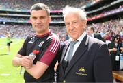 24 July 2022; Bernard Dunne of the Galway backroom team with Croke Park chief steward Mick Leddy before the GAA Football All-Ireland Senior Championship Final match between Kerry and Galway at Croke Park in Dublin. Photo by Stephen McCarthy/Sportsfile