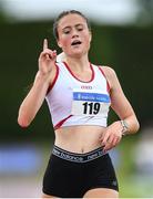 24 July 2022; Claragh Keane of D.M.P. A.C. celebrates on her way to winning in the Junior 5000m during day two of the AAI Games and Combined Events Track and Field Championships at Tullamore, Offaly. Photo by George Tewkesbury/Sportsfile
