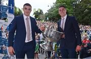 25 July 2022; Kerry captains Seán O'Shea, left, and Joe O'Connor with the Sam Maguire cup during the homecoming celebrations of the All-Ireland Senior Football Champions Kerry in Tralee, Kerry. Photo by Piaras Ó Mídheach/Sportsfile
