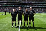 24 July 2022; Referee Sean Hurson, second from right, with his officials, Seán Laverty, right, sideline official, linesmen Paddy Neilan and Barry Cassidy, left, before the GAA Football All-Ireland Senior Championship Final match between Kerry and Galway at Croke Park in Dublin. Photo by Ray McManus/Sportsfile