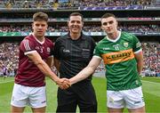 24 July 2022; Referee Sean Hurson with the two captains, Seán Kelly of Galway, and Seán O'Shea of Kerry, before the GAA Football All-Ireland Senior Championship Final match between Kerry and Galway at Croke Park in Dublin. Photo by Ray McManus/Sportsfile