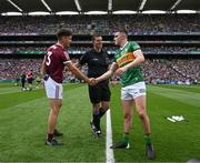 24 July 2022; Referee Sean Hurson with the two captains, Seán Kelly of Galway, and Seán O'Shea of Kerry, before the GAA Football All-Ireland Senior Championship Final match between Kerry and Galway at Croke Park in Dublin. Photo by Ray McManus/Sportsfile