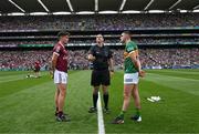 24 July 2022; Referee Sean Hurson tosses a coin between the two captains, Seán Kelly of Galway, and Seán O'Shea of Kerry, before the GAA Football All-Ireland Senior Championship Final match between Kerry and Galway at Croke Park in Dublin. Photo by Ray McManus/Sportsfile