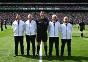 24 July 2022; Referee Sean Hurson with his umpires Martin Coney, Mel Taggart, Cathal Forbes and Martin Conway before the GAA Football All-Ireland Senior Championship Final match between Kerry and Galway at Croke Park in Dublin. Photo by Ray McManus/Sportsfile