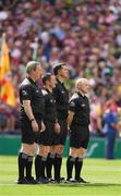24 July 2022; Referee Sean Hurson, second from right, with his officials, Seán Laverty, left, sideline official, and linesmen Paddy Neilan and Barry Cassidy, right, before the GAA Football All-Ireland Senior Championship Final match between Kerry and Galway at Croke Park in Dublin. Photo by Ray McManus/Sportsfile