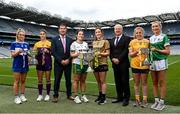 26 July 2022; In attendance at a photocall ahead of the TG4 All-Ireland Junior, Intermediate and Ladies Senior Football Championship Finals on Sunday next are, from left, Aimee Kelly of Laois, Roisin Muphy of Wexford, LGFA President Mícheál Naughton, Anna Galvin of Kerry, Shauna Ennis of Meath, Alan Esslemont, CEO TG4, Cathy Carey of Antrim and Molly McGloin of Fermanagh at Croke Park in Dublin. Photo by David Fitzgerald/Sportsfile