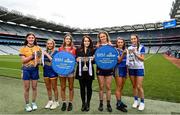 28 July 2022; In attendance at a photocall ahead of the 2022 ZuCar All-Ireland Minor Ladies Football Finals are, from left, Emer Hynes of Clare, Emily Rose O'Toole of Wicklow, Evie Twomey of Cork, Allyson McCarthy, Divisional Marketing Manager at Joe Duffy Group, Caoimhe Cleary of Galway, Caoimhe McCormack of Longford and Holly McQuaid of Monaghan at Croke Park in Dublin. Photo by David Fitzgerald/Sportsfile