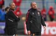 25 July 2022; Manchester United Head of player development Travis Binnion, right, and Manchester United U18 assistant coach Colin Little during the SuperCupNI match between Northern Ireland and Manchester United at Coleraine Showgrounds in Coleraine, Derry. Photo by Ramsey Cardy/Sportsfile