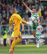 26 July 2022; Graham Burke of Shamrock Rovers in action against Ludogorets goalkeeper Sergio Padt during the UEFA Champions League 2022-23 Second Qualifying Round Second Leg match between Shamrock Rovers and Ludogorets at Tallaght Stadium in Dublin. Photo by Ramsey Cardy/Sportsfile