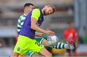 26 July 2022; Igor Plastun of Ludogorets in action against Aaron Greene of Shamrock Rovers during the UEFA Champions League 2022-23 Second Qualifying Round Second Leg match between Shamrock Rovers and Ludogorets at Tallaght Stadium in Dublin. Photo by Ramsey Cardy/Sportsfile