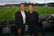 26 July 2022; Former Bulgaria footballer Stiliyan Petrov, left, and former Republic of Ireland footballer Robbie Keane during the UEFA Champions League 2022-23 Second Qualifying Round Second Leg match between Shamrock Rovers and Ludogorets at Tallaght Stadium in Dublin. Photo by Ramsey Cardy/Sportsfile