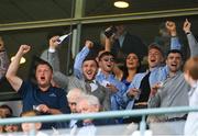 26 July 2022; Galway players including Damien Comer, second left, celebrate as Galway manager Padraic Joyce's horse Chavajod finishes last in the caulfieldindustrial.com Handicap during day two of the Galway Races Summer Festival at Ballybrit Racecourse in Galway. Photo by Harry Murphy/Sportsfile