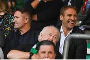 26 July 2022; Former Bulgaria footballer Stiliyan Petrov, left, and former Republic of Ireland footballer Robbie Keane during the UEFA Champions League 2022-23 Second Qualifying Round Second Leg match between Shamrock Rovers and Ludogorets at Tallaght Stadium in Dublin. Photo by Ramsey Cardy/Sportsfile