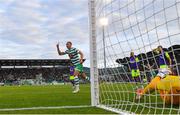 26 July 2022; Graham Burke of Shamrock Rovers celebrates his side's first goal, scored by Aaron Greene, during the UEFA Champions League 2022-23 Second Qualifying Round Second Leg match between Shamrock Rovers and Ludogorets at Tallaght Stadium in Dublin. Photo by Ramsey Cardy/Sportsfile