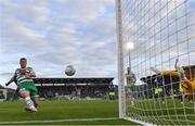 26 July 2022; Aaron Greene of Shamrock Rovers scores his side's first goal despite the efforts of Ludogorets goalkeeper Sergio Padt during the UEFA Champions League 2022-23 Second Qualifying Round Second Leg match between Shamrock Rovers and Ludogorets at Tallaght Stadium in Dublin. Photo by Ramsey Cardy/Sportsfile