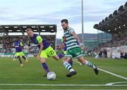 26 July 2022; Richie Towell of Shamrock Rovers in action against Žan Karnicnik of Ludogorets during the UEFA Champions League 2022-23 Second Qualifying Round Second Leg match between Shamrock Rovers and Ludogorets at Tallaght Stadium in Dublin. Photo by Ramsey Cardy/Sportsfile