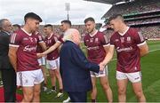 24 July 2022; President of Ireland Michael D Higgins and Shane Walsh of Galway before the GAA Football All-Ireland Senior Championship Final match between Kerry and Galway at Croke Park in Dublin. Photo by Ramsey Cardy/Sportsfile