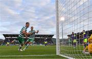 26 July 2022; Aaron Greene of Shamrock Rovers celebrates with Graham Burke, right, after scoring his side's first goal during the UEFA Champions League 2022-23 Second Qualifying Round Second Leg match between Shamrock Rovers and Ludogorets at Tallaght Stadium in Dublin. Photo by Ramsey Cardy/Sportsfile