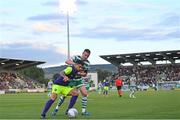 26 July 2022; Igor Thiago of Ludogorets in action against Ronan Finn of Shamrock Rovers during the UEFA Champions League 2022-23 Second Qualifying Round Second Leg match between Shamrock Rovers and Ludogorets at Tallaght Stadium in Dublin. Photo by Ramsey Cardy/Sportsfile