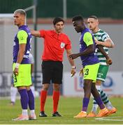 26 July 2022; Manuel Cafumana of Ludogorets, 23, after being shown a red card by referee Fabio Maresca during the UEFA Champions League 2022-23 Second Qualifying Round Second Leg match between Shamrock Rovers and Ludogorets at Tallaght Stadium in Dublin. Photo by Ramsey Cardy/Sportsfile