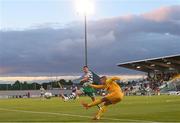 26 July 2022; Ludogorets goalkeeper Sergio Padt in action against Aaron Greene of Shamrock Rovers during the UEFA Champions League 2022-23 Second Qualifying Round Second Leg match between Shamrock Rovers and Ludogorets at Tallaght Stadium in Dublin. Photo by Ramsey Cardy/Sportsfile