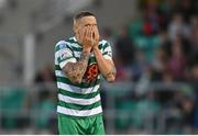 26 July 2022; Lee Grace of Shamrock Rovers reacts after a missed chance during the UEFA Champions League 2022-23 Second Qualifying Round Second Leg match between Shamrock Rovers and Ludogorets at Tallaght Stadium in Dublin. Photo by Ramsey Cardy/Sportsfile
