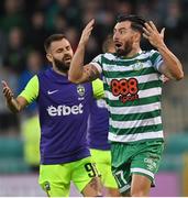 26 July 2022; Richie Towell of Shamrock Rovers reacts after being shown a yellow card during the UEFA Champions League 2022-23 Second Qualifying Round Second Leg match between Shamrock Rovers and Ludogorets at Tallaght Stadium in Dublin. Photo by Ramsey Cardy/Sportsfile