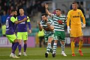 26 July 2022; Richie Towell of Shamrock Rovers reacts after being shown a yellow card during the UEFA Champions League 2022-23 Second Qualifying Round Second Leg match between Shamrock Rovers and Ludogorets at Tallaght Stadium in Dublin. Photo by Ramsey Cardy/Sportsfile