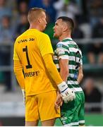 26 July 2022; Ludogorets goalkeeper Sergio Padt and Aaron Greene of Shamrock Rovers during the UEFA Champions League 2022-23 Second Qualifying Round Second Leg match between Shamrock Rovers and Ludogorets at Tallaght Stadium in Dublin. Photo by Ramsey Cardy/Sportsfile
