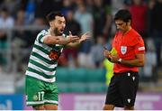 26 July 2022; Richie Towell of Shamrock Rovers reacts after being shown a yellow card by referee Fabio Maresca during the UEFA Champions League 2022-23 Second Qualifying Round Second Leg match between Shamrock Rovers and Ludogorets at Tallaght Stadium in Dublin. Photo by Ramsey Cardy/Sportsfile