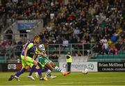 26 July 2022; Aidomo Emakhu of Shamrock Rovers shoots to score his side's second goal during the UEFA Champions League 2022-23 Second Qualifying Round Second Leg match between Shamrock Rovers and Ludogorets at Tallaght Stadium in Dublin. Photo by Ramsey Cardy/Sportsfile