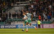 26 July 2022; Aidomo Emakhu of Shamrock Rovers celebrates after scoring his side's second goal during the UEFA Champions League 2022-23 Second Qualifying Round Second Leg match between Shamrock Rovers and Ludogorets at Tallaght Stadium in Dublin. Photo by Ramsey Cardy/Sportsfile