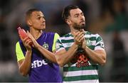 26 July 2022; Richie Towell, right, and Graham Burke of Shamrock Rovers after the UEFA Champions League 2022-23 Second Qualifying Round Second Leg match between Shamrock Rovers and Ludogorets at Tallaght Stadium in Dublin. Photo by Ramsey Cardy/Sportsfile