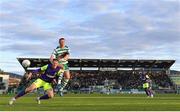 26 July 2022; Anton Nedyalkov of Ludogorets in action against Ronan Finn of Shamrock Rovers during the UEFA Champions League 2022-23 Second Qualifying Round Second Leg match between Shamrock Rovers and Ludogorets at Tallaght Stadium in Dublin. Photo by Ramsey Cardy/Sportsfile