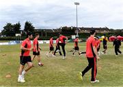 27 July 2022; Munster Reds players warm-up before the Cricket Ireland Inter-Provincial Trophy match between Leinster Lightning and Munster Reds at Pembroke Cricket Club in Dublin. Photo by Piaras Ó Mídheach/Sportsfile