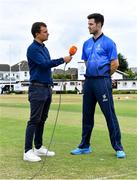 27 July 2022; George Dockrell of Leinster Lightning is interviewed by commentator Andrew Blair White of HBV Studios before the Cricket Ireland Inter-Provincial Trophy match between Leinster Lightning and Munster Reds at Pembroke Cricket Club in Dublin. Photo by Piaras Ó Mídheach/Sportsfile