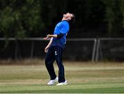 27 July 2022; Josh Little of Leinster Lightning reacts during the Cricket Ireland Inter-Provincial Trophy match between Leinster Lightning and Munster Reds at Pembroke Cricket Club in Dublin. Photo by Piaras Ó Mídheach/Sportsfile