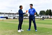 27 July 2022; George Dockrell of Leinster Lightning is interviewed by commentator Andrew Blair White of HBV Studios before the Cricket Ireland Inter-Provincial Trophy match between Leinster Lightning and Munster Reds at Pembroke Cricket Club in Dublin. Photo by Piaras Ó Mídheach/Sportsfile