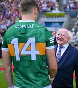 24 July 2022; President of Ireland Michael D Higgins meets David Clifford of Kerry before the GAA Football All-Ireland Senior Championship Final match between Kerry and Galway at Croke Park in Dublin. Photo by Brendan Moran/Sportsfile