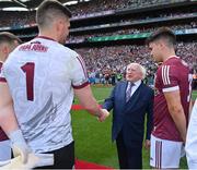 24 July 2022; President of Ireland Michael D Higgins isintroduced to Galway goalkeeper Connor Gleeson by team captain Seán Kelly before the GAA Football All-Ireland Senior Championship Final match between Kerry and Galway at Croke Park in Dublin. Photo by Brendan Moran/Sportsfile