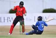 27 July 2022; Simi Singh of Leinster Lightning is bowled by Mike Frost of Munster Reds, not pictured, as wicketkeeper PJ Moor looks on, during the Cricket Ireland Inter-Provincial Trophy match between Leinster Lightning and Munster Reds at Pembroke Cricket Club in Dublin. Photo by Piaras Ó Mídheach/Sportsfile