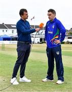 27 July 2022; Andy McBrine of North West Warriors is interviewed by commentator Andrew Blair White of HBV Studios before the Cricket Ireland Inter-Provincial Trophy match between Northern Knights and North West Warriors at Pembroke Cricket Club in Dublin. Photo by Piaras Ó Mídheach/Sportsfile