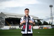 27 July 2022; Dundalk's new signing Alfie Lewis poses for a portrait after he was unveiled at Oriel Park in Dundalk, Louth.  Photo by David Fitzgerald/Sportsfile