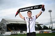 27 July 2022; Dundalk's new signing Alfie Lewis poses for a portrait after he was unveiled at Oriel Park in Dundalk, Louth.  Photo by David Fitzgerald/Sportsfile